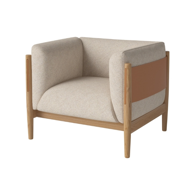 Fauteuil Dive Beige, cuir cognac, chêne moyen